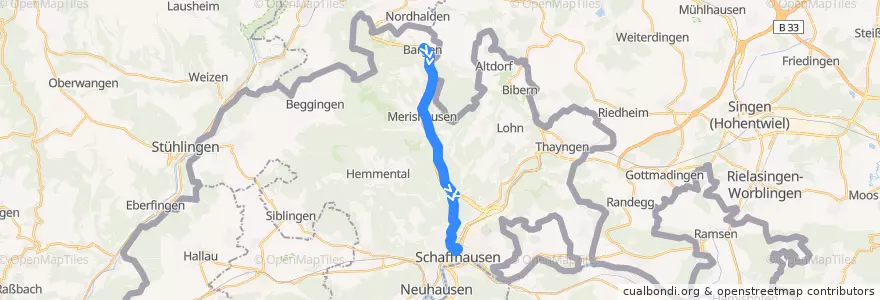 Mapa del recorrido Bus 23: Bargen SH, Dorf => Schaffhausen, Bahnhof (via A4) de la línea  en Escafusa.