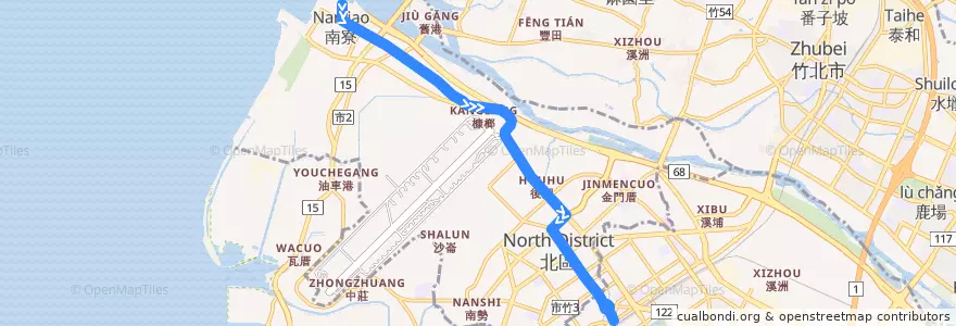 Mapa del recorrido 藍15區 南寮→火車站 de la línea  en 北区.
