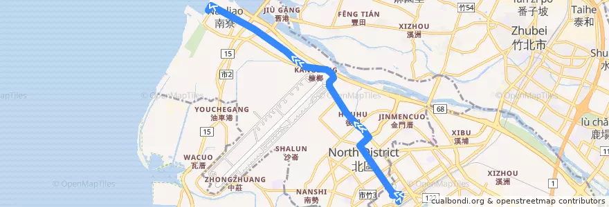 Mapa del recorrido 藍15區 火車站→新竹區漁會（例假日） de la línea  en 北區.