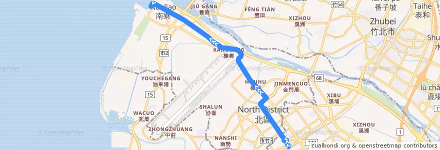 Mapa del recorrido 藍15區 新竹區漁會→火車站（例假日） de la línea  en 北区.