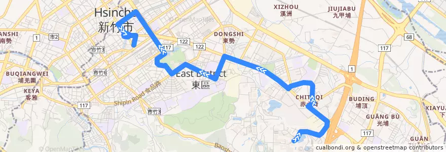Mapa del recorrido 2支 火車站→交大（繞建功路） de la línea  en East District.