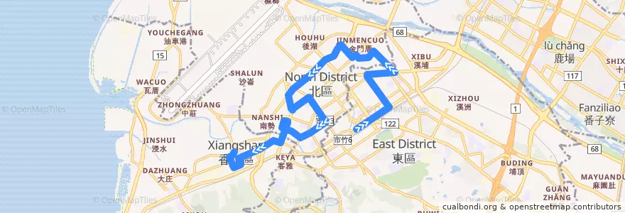 Mapa del recorrido 50 火車站→香山區公所（先經中華路） de la línea  en Hsinchu.