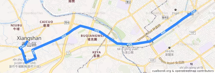 Mapa del recorrido 51 火車站→香山區公所（先經中山路） de la línea  en Hsinchu.