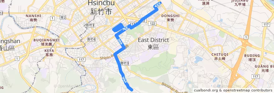 Mapa del recorrido 71 財神廟→北新竹後站 de la línea  en East District.