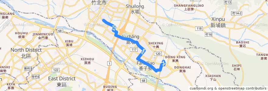 Mapa del recorrido 60 六家高鐵→家樂福 (先經中華路) de la línea  en 竹北市.