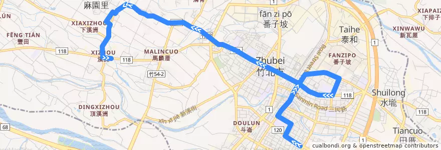 Mapa del recorrido 65 溪州→家樂福 (先經溪州路) de la línea  en 竹北市.