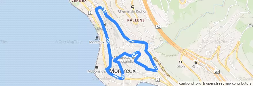 Mapa del recorrido 206: Rue du Marché - Les Planches - Rue du Marché de la línea  en Montreux.
