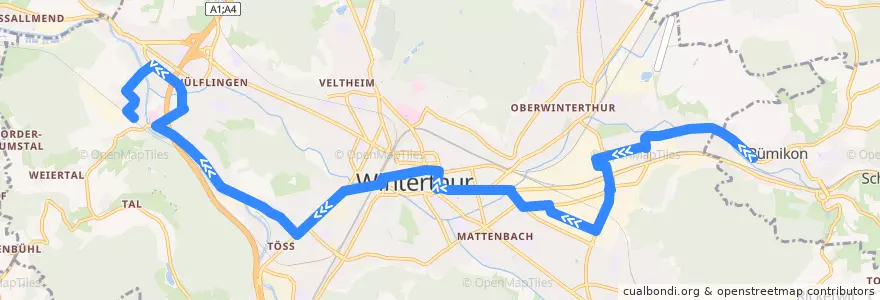Mapa del recorrido Bus 7: Elsau Melcher → Bahnhof Wülflingen de la línea  en Winterthur.