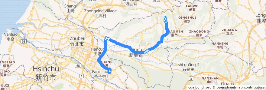 Mapa del recorrido 觀光1號 九芎湖→高鐵新竹站 de la línea  en Уезд Синьчжу.