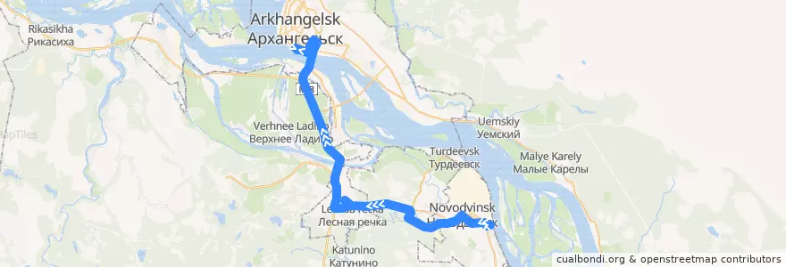 Mapa del recorrido Автобус 144: Новодвинск - Архангельск (МРВ) de la línea  en プリモルスキー地区.