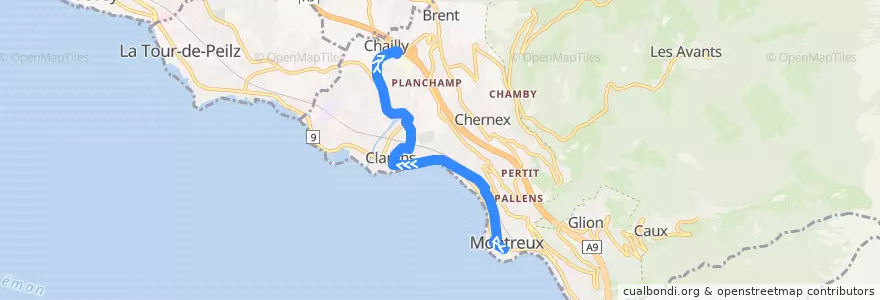 Mapa del recorrido 204: Montreux Casino - Chailly P+R de la línea  en Montreux.