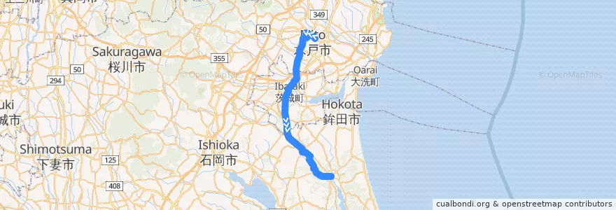 Mapa del recorrido 関鉄グリーンバス 水戸駅⇒大和田⇒鉾田駅 de la línea  en Préfecture d'Ibaraki.