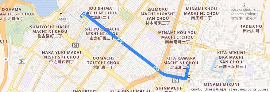 Mapa del recorrido 0: 堺駅前-堺東駅前 de la línea  en 堺区.