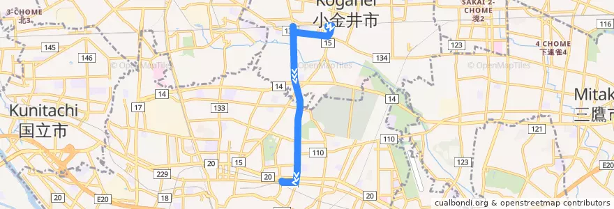 Mapa del recorrido 府75 de la línea  en Tokyo.