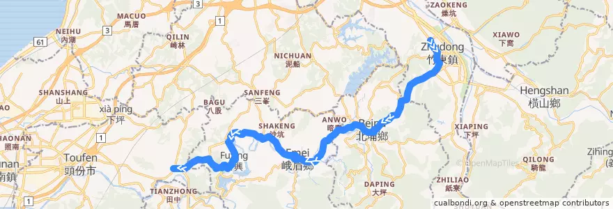 Mapa del recorrido 5609 珊珠湖→竹東(經北埔) de la línea  en Уезд Синьчжу.