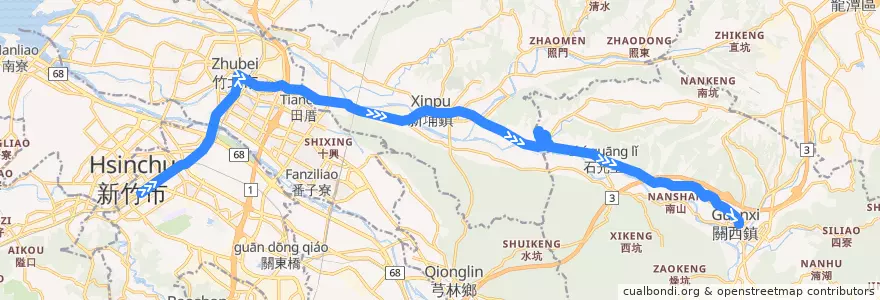 Mapa del recorrido 5619 新竹→關西(經犁頭山)（繞駛關西營區） de la línea  en Hsinchu County.