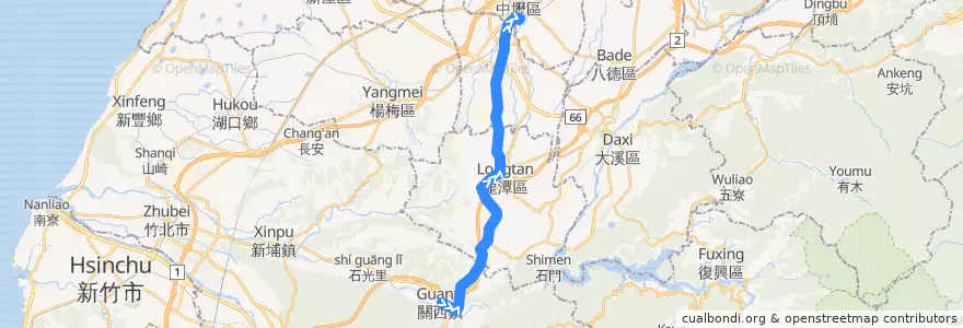 Mapa del recorrido 5617 關西→中壢(經關西高中) de la línea  en Taoyuan.