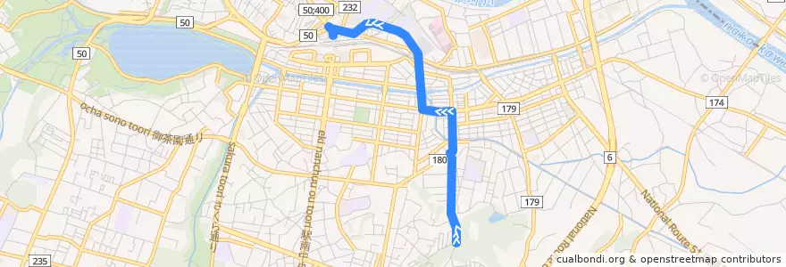 Mapa del recorrido 茨城交通バス 蓮乗寺⇒本町⇒水戸駅 de la línea  en Mito.
