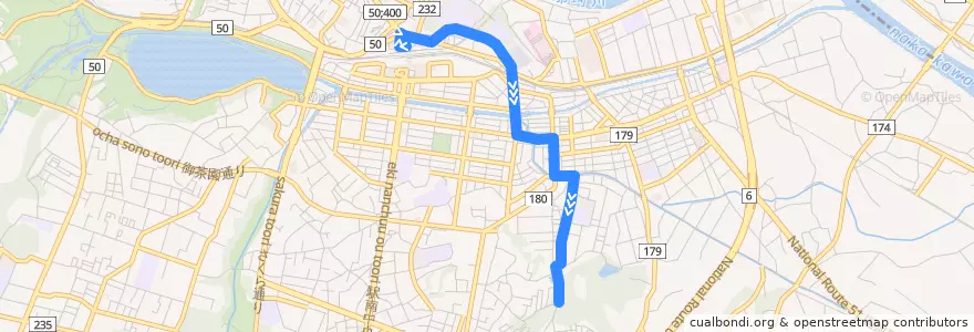 Mapa del recorrido 茨城交通バス 水戸駅⇒本町⇒蓮乗寺 de la línea  en 水戸市.