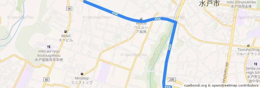 Mapa del recorrido 関東鉄道バス 千波小学校前⇒湖南住宅前 de la línea  en Mito.