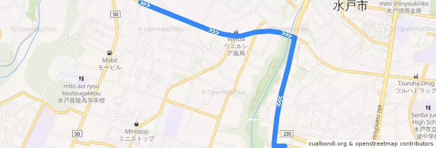 Mapa del recorrido 関東鉄道バス 湖南住宅前⇒千波小学校前 de la línea  en Mito.