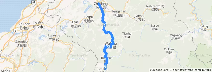 Mapa del recorrido 5630 清泉→竹東(經五峰) de la línea  en Comté de Hsinchu.