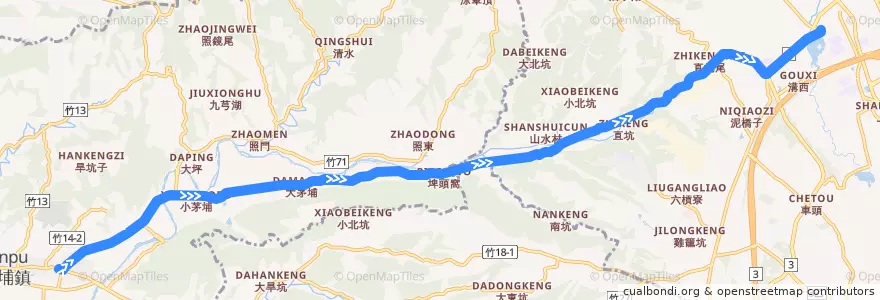 Mapa del recorrido 5640 龍潭→新埔(經三水) de la línea  en 타이완.