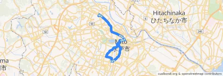 Mapa del recorrido 茨城交通バス8系統 茨大前営業所⇒本郷・払沢循環（本郷先回り） de la línea  en Mito.