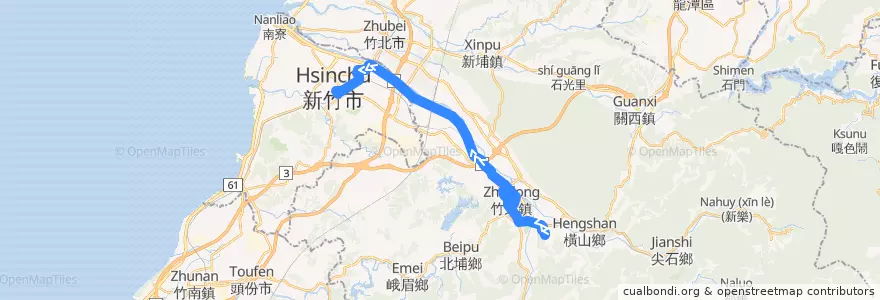 Mapa del recorrido 5673 竹東→新竹(經台68線)（繞駛中華科大新竹校區） de la línea  en مقاطعة تايوان.