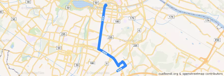 Mapa del recorrido 関東鉄道バス けやき台団地⇒水戸駅南口 de la línea  en Mito.