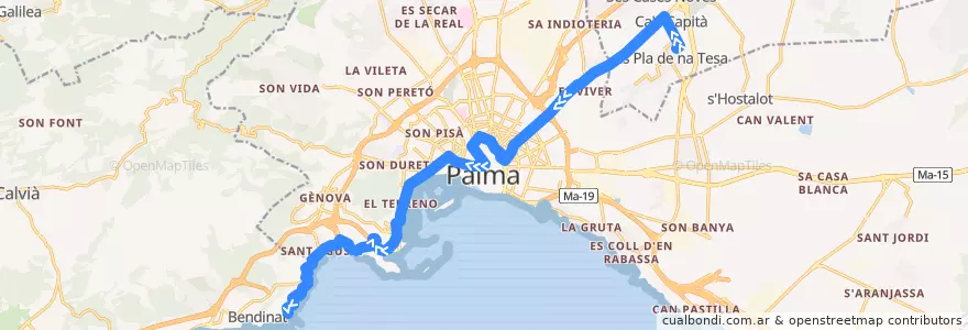 Mapa del recorrido Bus 3: Pla de Na Tesa → Illetes de la línea  en Ilhas Baleares.