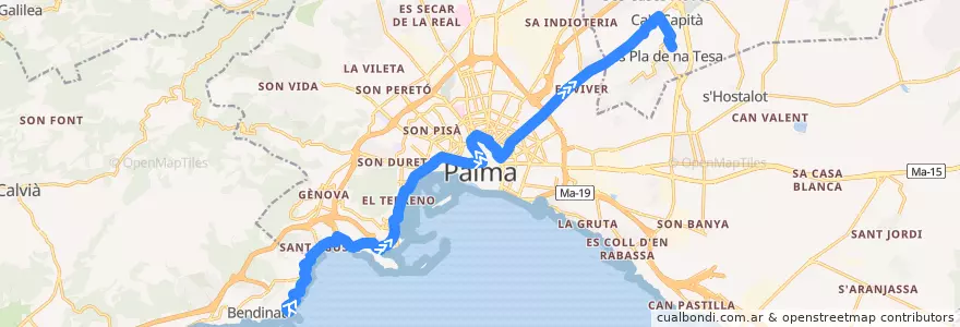 Mapa del recorrido Bus 3: Illetes → Pla de Na Tesa de la línea  en Balearic Islands.