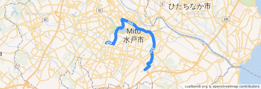 Mapa del recorrido 関東鉄道バス ときわ台団地⇒水戸駅⇒けやき台団地 de la línea  en Mito.
