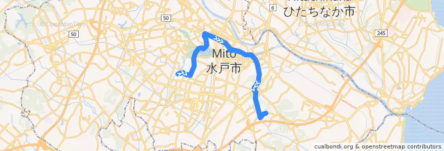 Mapa del recorrido 関東鉄道バス ときわ台団地⇒水戸駅⇒東部工業団地 de la línea  en Mito.