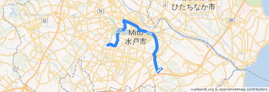 Mapa del recorrido 関東鉄道バス 東部工業団地⇒水戸駅⇒ときわ台団地 de la línea  en Mito.