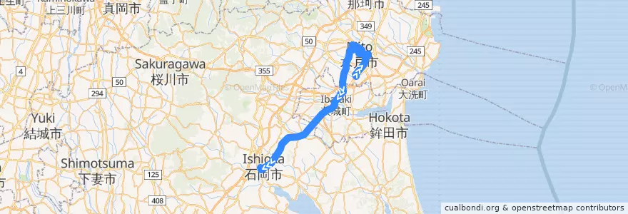 Mapa del recorrido 関東鉄道バス 吉沢車庫・水戸駅南口・水戸駅⇒奥ノ谷⇒石岡駅 de la línea  en Prefectura de Ibaraki.