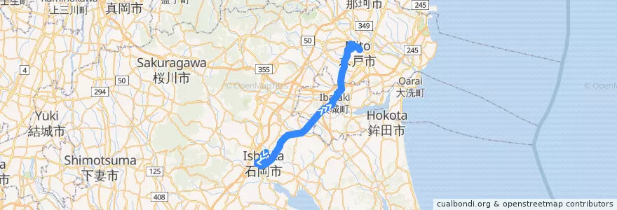 Mapa del recorrido 関東鉄道バス 石岡車庫・石岡駅⇒奥ノ谷⇒水戸駅 de la línea  en 이바라키현.