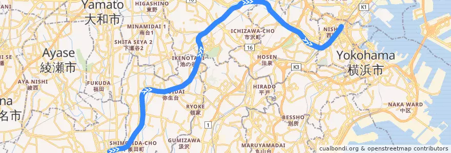 Mapa del recorrido 相模鉄道いずみ野線 de la línea  en 横浜市.