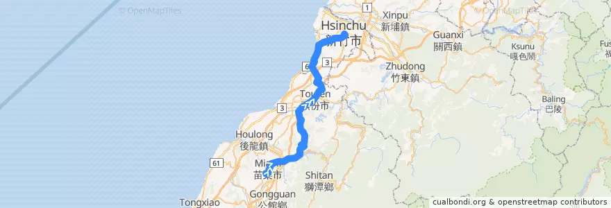 Mapa del recorrido 5801 苗栗→新竹(經頭份、明德) de la línea  en 臺灣省.