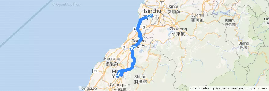 Mapa del recorrido 5801 新竹→苗栗(經頭份、明德)（繞駛苗栗農工） de la línea  en 臺灣省.