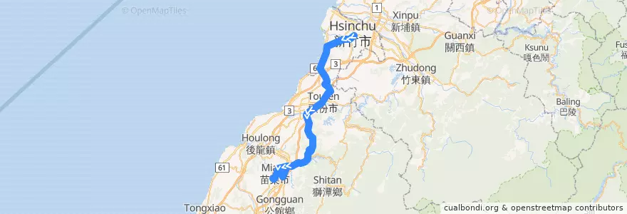 Mapa del recorrido 5801 苗栗→新竹(經頭份、明德)（繞駛苗栗農工） de la línea  en Provincia di Taiwan.