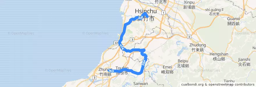 Mapa del recorrido 5823 竹南→新竹(經新城、水流東) de la línea  en Taiwan Province.