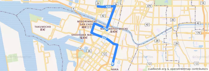 Mapa del recorrido A1: 堺東駅前-住之江公園駅前 de la línea  en 大阪府.