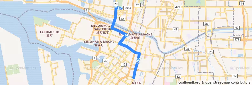 Mapa del recorrido A1: 住之江公園駅前-堺東駅前 de la línea  en Prefectura de Osaka.