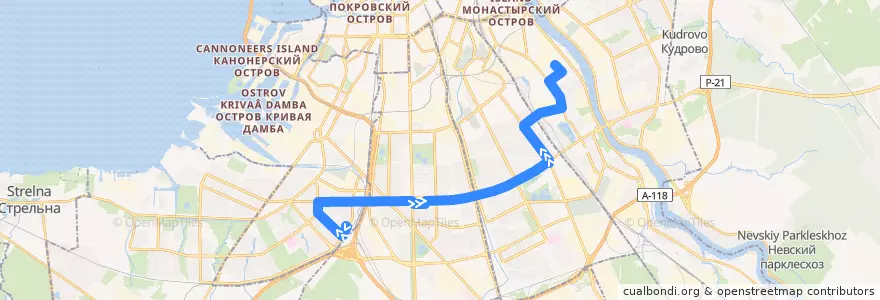 Mapa del recorrido Автобус № 114: Счастливая улица => станция метро "Елизаровская" de la línea  en Санкт-Петербург.