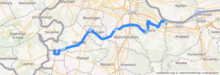 Mapa del recorrido Bus 60: Muttenz, Novartis => Biel-Benken BL, Brücke de la línea  en Bezirk Arlesheim.