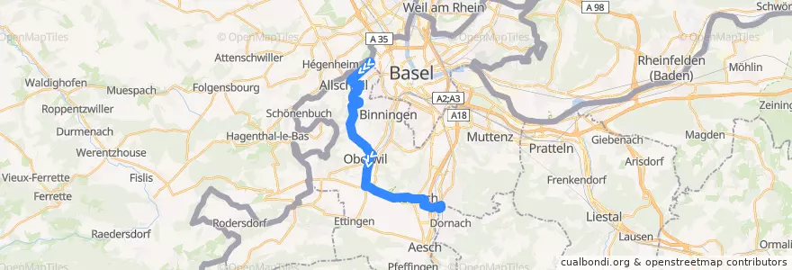 Mapa del recorrido Bus 64: Basel, Bachgraben => Dornach, Bahnhof de la línea  en Bezirk Arlesheim.