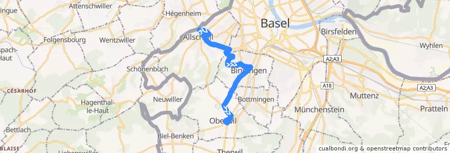 Mapa del recorrido Bus 61: Allschwil, Friedhof => Oberwil BL, Zentrum de la línea  en Bezirk Arlesheim.