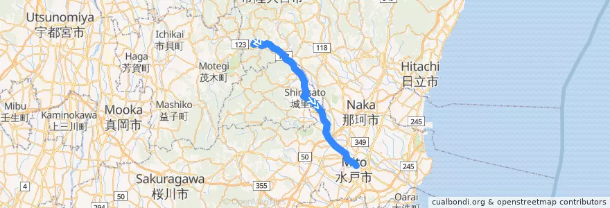 Mapa del recorrido 茨城交通バス45系統 御前山車庫⇒石塚⇒水戸駅 de la línea  en 이바라키현.