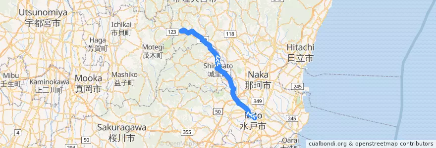Mapa del recorrido 茨城交通バス45系統 水戸駅⇒石塚⇒御前山車庫 de la línea  en 이바라키현.